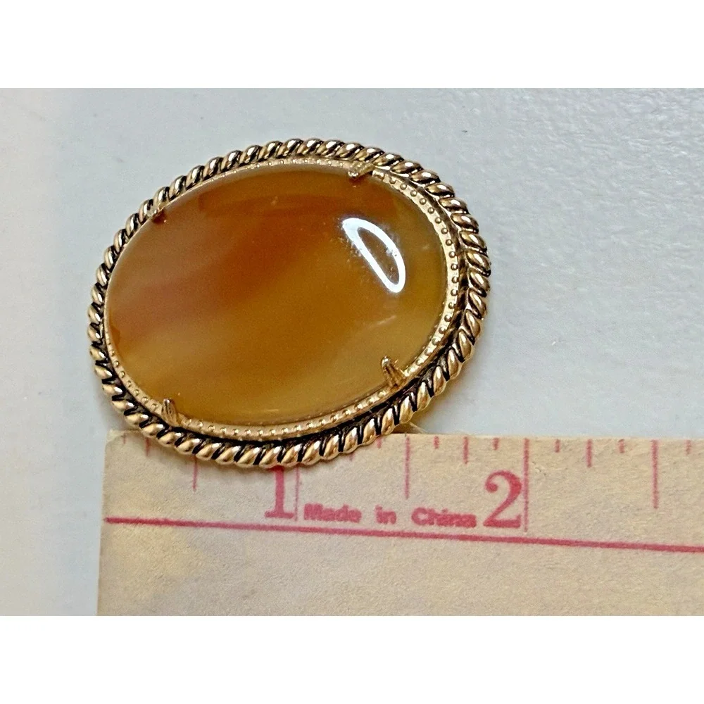 Vintage Orange Banded Agate Twisted Rope Oval Large Brooch Pin Retro‎ Silver